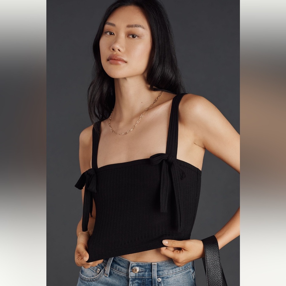 Anthropologie Coastal Cowgirl Ribbed Bow Cropped Tank Top NWT Black Coquette